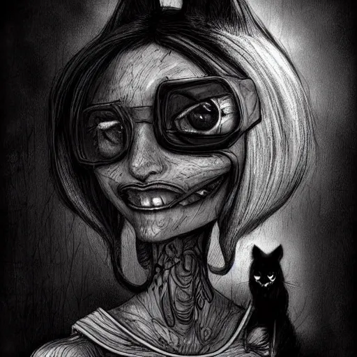 Image similar to grunge cartoon sketch of a human mixed with a cat by - michael karcz, loony toons style, horror theme, detailed, elegant, intricate