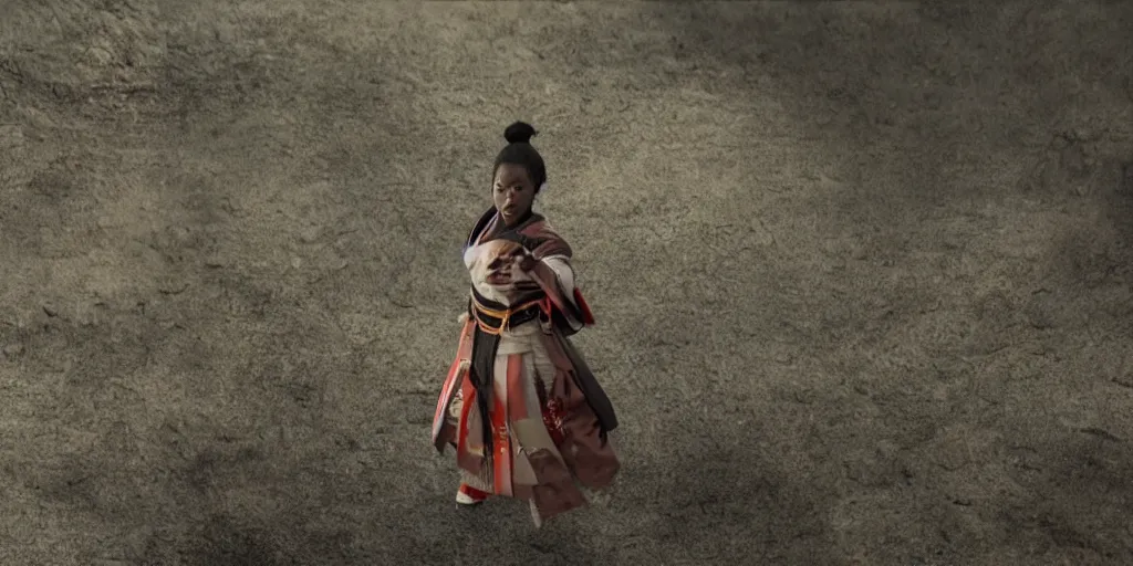 Image similar to a film still of a black woman starring in a japanese blockbuster film as ancient samurai, levitating mid air, intense, shallow depth of field, cinematic, award winning cgi, vfx, film still
