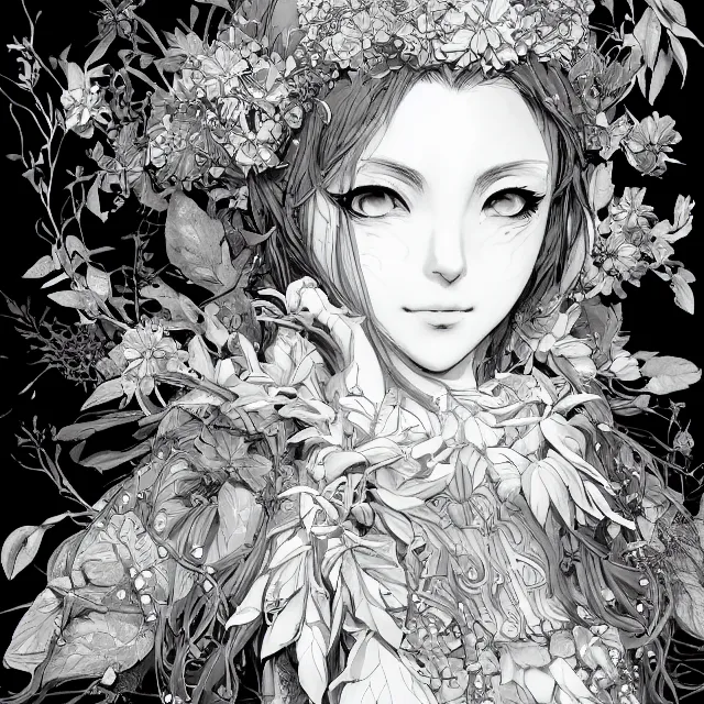 Image similar to the portrait of chaotic good female druid botanist as absurdly beautiful, gorgeous, elegant, young anime girl, an ultrafine hyperdetailed illustration by kim jung gi, irakli nadar, intricate linework, sharp focus, bright colors, octopath traveler, final fantasy, unreal engine 5 highly rendered, global illumination, radiant light, detailed and intricate environment