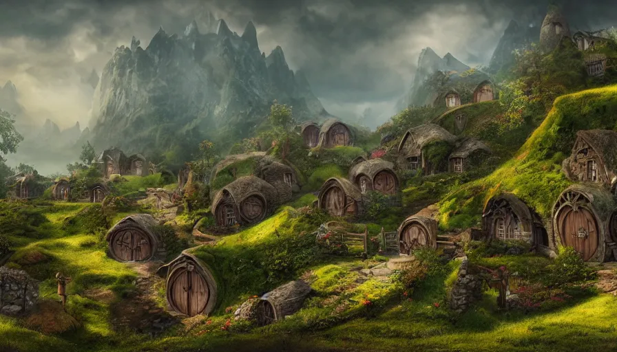 Image similar to matte painting of a beautiful hobbit village, digital art, trending on artstation