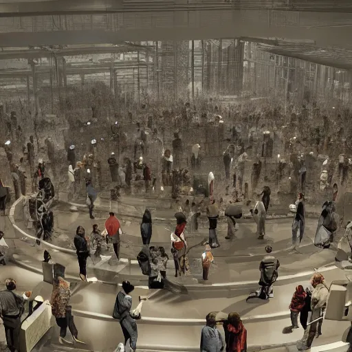 Image similar to large group people in a huge warehouse, looking at a tabletop futuristic city hologram | cinematic concept art | godrays | 4 k | clear details | tabletop | tabletop | hologram foreground