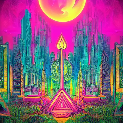 Image similar to mystical psychedelic poster with shaded lighting in the style of andriod jones and arjun brooklyn, radiant light, detailed and complex environment, beautiful, peaceful, utopic astral city in the sky with many buildings and temples reflecting a modern city on the ground with old growth pine trees, overlaid sacred geometry, with implied lines, gradient of hot pink and neon baby blue