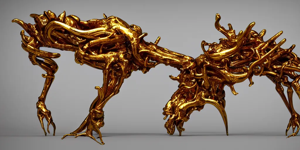 Image similar to stylized shiny polished gold statue full body bizarre extra limbs cosmic horror quadruped animal moose deer skull four legs made of marble of slug worm creature tendrils perfect symmetrical body perfect symmetrical face hyper realistic hyper detailed by johannen voss by michelangelo octane render blender 8 k displayed in pure white studio room anatomical deep red arteries veins flesh hell