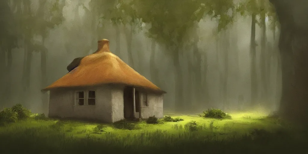 Prompt: a painting of a close up of a single cottage with a thached roof in the woods and empty woods, 8k, fantasy, hyper realistic, dramatic lighting, cinematic