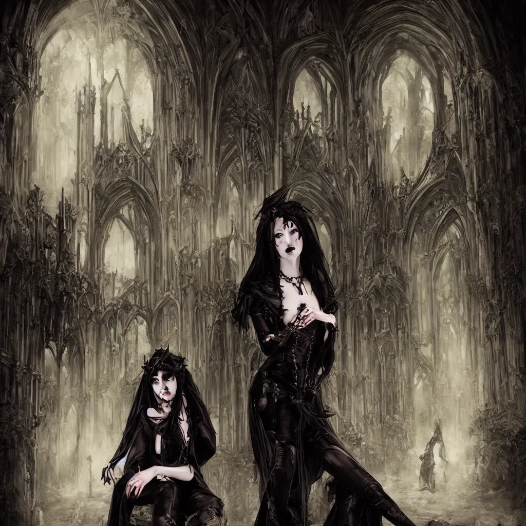 Prompt: gothic high vampire lady sitting in a gothic castle art, realistic, artstation, portrait, photorealism, high fantasy, 4k