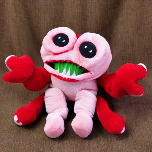 Image similar to adorable strawberry creature with multiple eyes plush toy