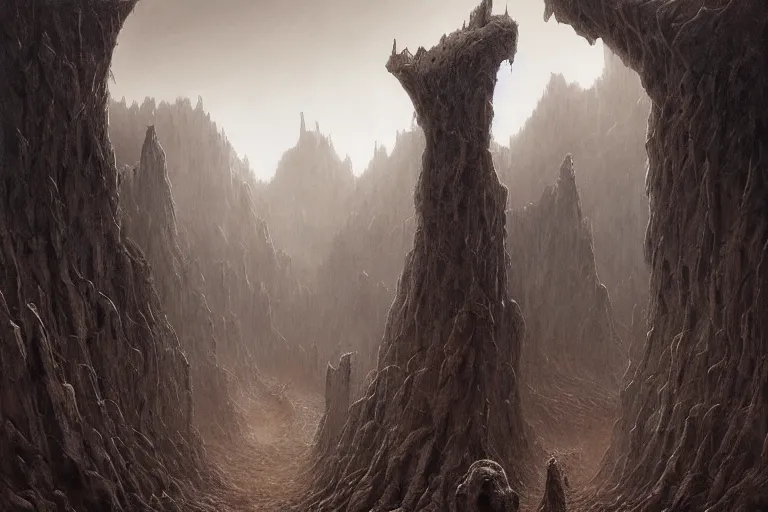 Image similar to amazing concept painting of the Valley of Dry Bones, by Jessica Rossier and HR giger and Beksinski, prophecy, hallucination, the middle of a valley; it was full of bones, bones that were very dry, there was a noise, a rattling sound, and the bones came together, bone to bone , I looked, and tendons and flesh appeared on them and skin covered them, but there was no breath in them and breath entered them, they came to life and stood up on their feet a vast army