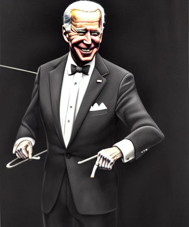 Image similar to hyperrealistic mixed media painting of Joe Biden as a swing dancer, dimly lit 1920s speakeasy, black tuxedo, stunning 3d render inspired art by P. Craig Russell and Barry Windsor-Smith + perfect facial symmetry + dim volumetric lighting, 8k octane beautifully detailed render, post-processing, extremely hyperdetailed, intricate, epic composition, grim yet sparkling atmosphere, cinematic lighting + masterpiece, trending on artstation, very very detailed, masterpiece, stunning