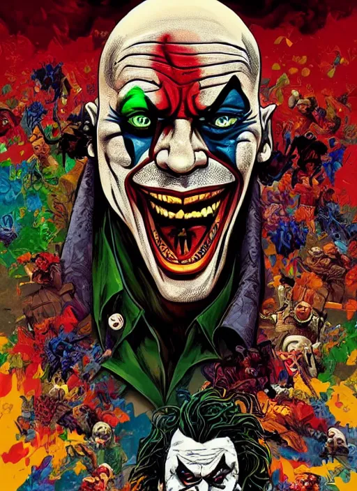 Prompt: dwayne johnson as joker, movie shot, crazy make up clown, impressive, trippy, by katsuya terada and albert bierstadt and dan mumford, hd, artstation