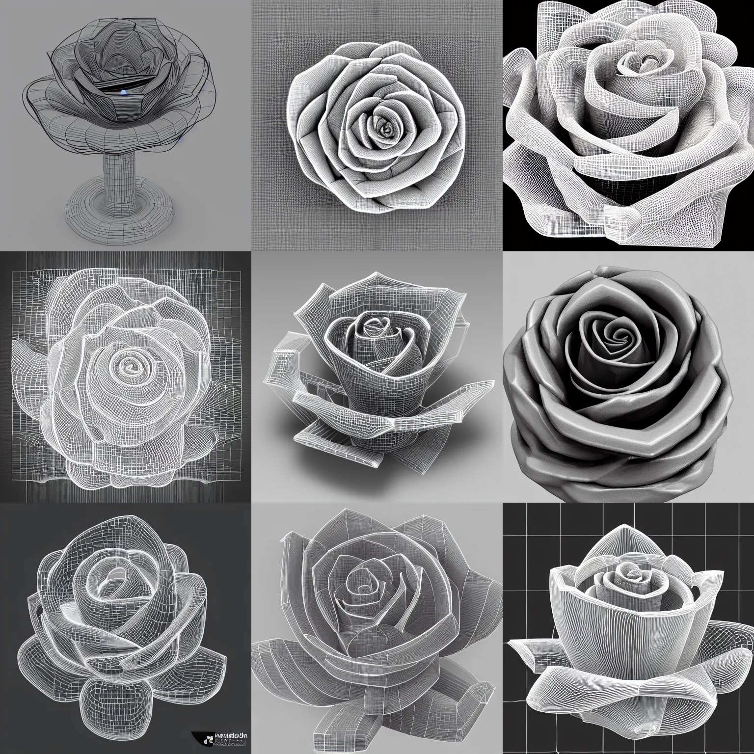 Prompt: wireframe of a 3D sculpted rose