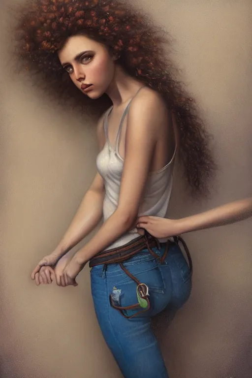 Image similar to a stunning ultra realistic fine art painting of a teenage female rock climber wearing loose jeans, blonde brunette curly hair, by tom bagshaw, studio portrait, vivid colors, detailed hair, 4K