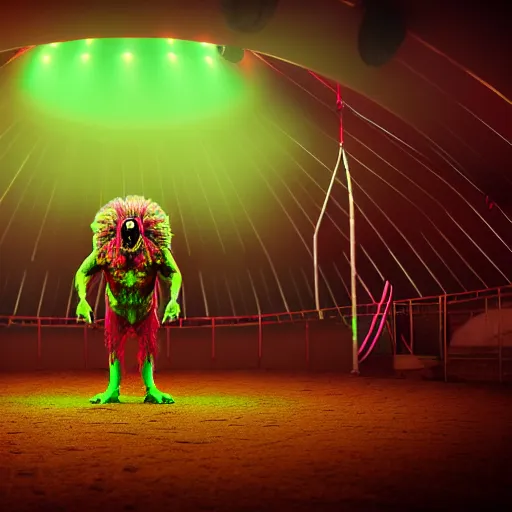 Image similar to circle circus arena, scary mutant in a fun circus arena, hyper - realistic, octane render, 8 k