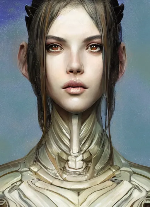 Image similar to a professional painting of a beautiful young female alien, clothed in ethereal armor, olive skin, long dark hair, beautiful bone structure, symmetrical facial features, intricate, elegant, digital painting, concept art, smooth, sharp focus, illustration, from Valerian and the City of a Thousand Planets, by Ruan Jia and Mandy Jurgens and Artgerm and William-Adolphe Bouguerea