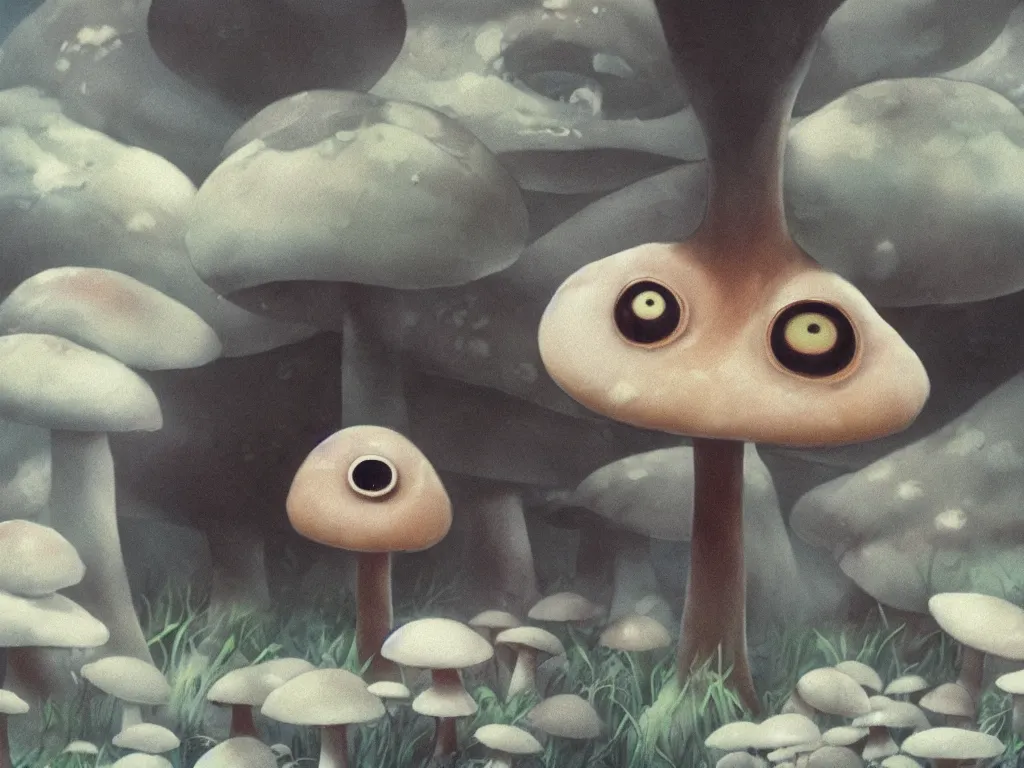 Image similar to award winning hyper-realistic portrait of a mushroom with large round eyeballs, film still in the style of Studio Ghibli, by Hayao Miyazaki, high quality, detailed, 8k, amazing