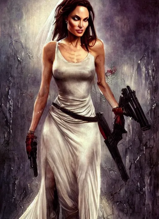 Prompt: Angelina Jolie (Lara Croft / Tomb Raider) is a bride, wedding photography by Karol Bak
