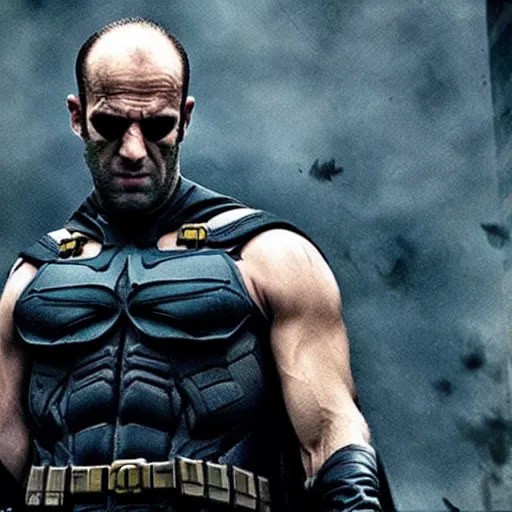 Prompt: jason statham as batman, post apocalyptic, dramatic, cinematic, an film still