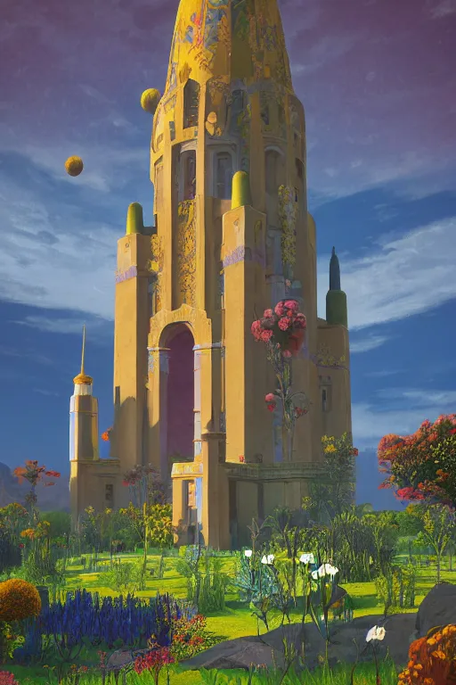 Image similar to distance view of the painted tower of the moon in its gardens fairytale illustration, tall windows, beautiful tilework, dramatic cinematic lighting, rich colors, golden age illustration, by Ludwig Deutsch and Nicholas Roerich and Sylvain Sarrailh and April Gornik ,unreal engine