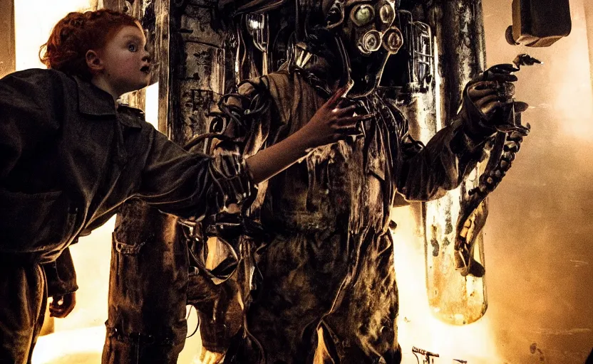 Prompt: scary machine monster grabs sadie sink dressed as a miner : a scifi cyberpunk film from 1 9 8 0 s. by steven spielberg and james cameron. 3 5 mm low grain film stock. sharp focus, moody cinematic atmosphere, detailed and intricate environment