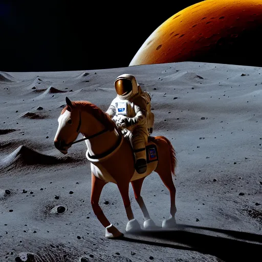 Image similar to professional photo of astronaut riding a horse on the moon, hyperrealistic masterpiece, trending on artstation, cgsociety, kodakchrome, golden ratio, cinematic, composition, beautiful lighting, hyper detailed, sharp focus, octane render, 4 k, unreal engine