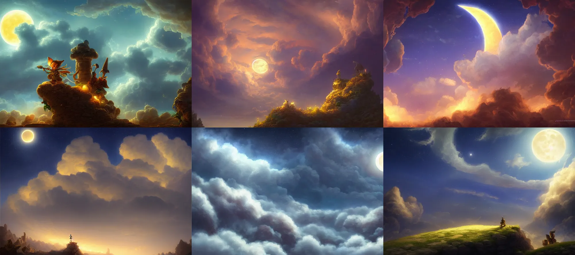 Prompt: a digital painting of clouds backlit by the crescent moon and stars at night by justin gerard, paul bonner, volumetric lighting, highly detailed, digital art, artstation hd