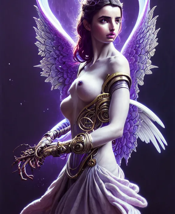 Image similar to beautiful fantasy character portrait, ana de armas, ultra realistic, wide angle, intricate details, the fifth element artifacts, tesseracts, highlights of purple, highly detailed by peter mohrbacher, hajime sorayama, wayne barlowe, boris vallejo, paolo eleuteri serpieri, dishonored 2, white gown, angel wings