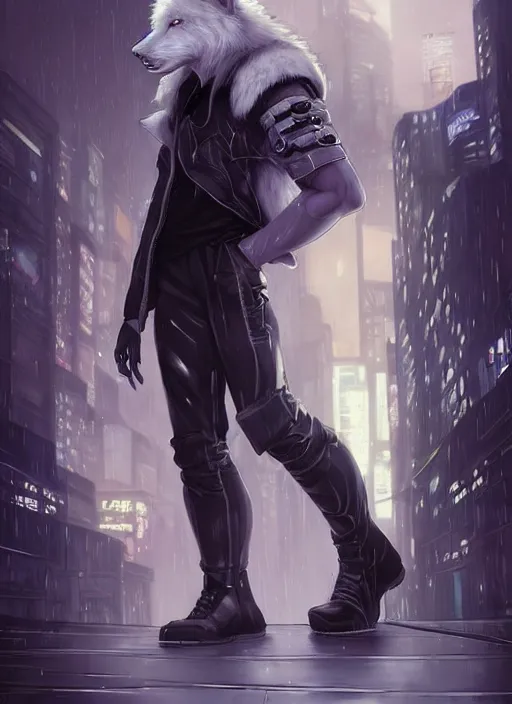 Image similar to award winning beautiful portrait commission art of a muscular male furry anthro albino wolf fursona with a tail and a cute beautiful attractive detailed furry face wearing black stylish cyberpunk pants and boots in a cyberpunk city at night while it rains. Character design by charlie bowater, ross tran, artgerm, and makoto shinkai, detailed, inked, western comic book art