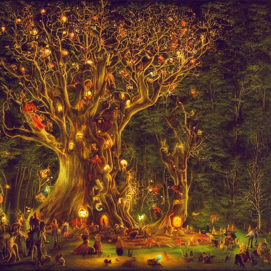 Image similar to a night carnival around a magical tree cavity, with a surreal orange moonlight and fireworks in the background, next to a big lake with iridiscent water, christmas lights, folklore animals and people disguised as fantastic creatures in a magical forest by summer night, masterpiece painted by edward robert hughes, dark night environment