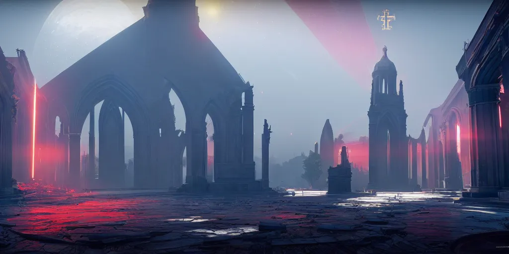 Image similar to symmetrical, centered composition, ancient church with red shafts of light in destiny 2, foggy, liminal, dark, dystopian, beautiful architecture, abandoned, highly detailed 4 k destiny 2 expansion key art wallpaper