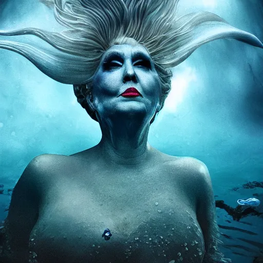 Image similar to Trump as Ursula the sea witch underwater, 8k, professional photography, cinematic shot, dark, smoke