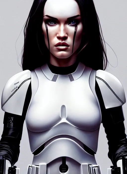 Image similar to symmetry!! gantz portrait of megan fox wearing a stormtrooper helmet, unholy, intricate, highly detailed, dynamic lighting, digital art, digital painting, artstation, terence nielsen, sharp focus, illustration, art by artgerm and greg rutkowski and moebius, 8 k