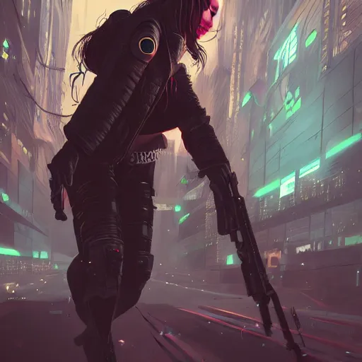 Prompt: a cyberpunk hunter, chasing her enemies, by WLOP, high quality, trending on artstation