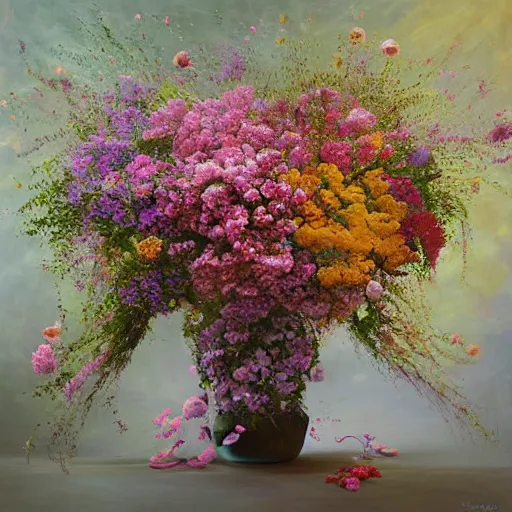 Prompt: This painting is a large canvas, covered in a wash of color. In the center is a cluster of flowers, their petals curling and twisting in on themselves. The effect is ethereal and dreamlike, and the overall effect is one of serenity and peace. kokedama by Nikolina Petolas, by Krenz Cushart, by Syd Mead wondrous
