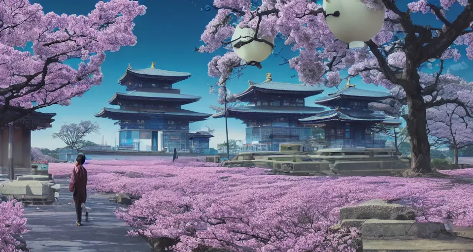 Prompt: Futuristic Japanese landscape with lots of BLUE Sakura blossoms and a temple, center composition, cinematic, rendered by simon stålenhag, rendered by Beeple, Makoto Shinkai, syd meade, environment concept, digital art, starwars, unreal engine, 3 point perspective, WLOP, trending on artstation, low level, 4K UHD image, octane render,
