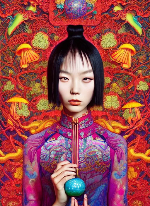 Image similar to pretty chinese model with hallucination mushroom : : by martine johanna and simon stalenhag and chie yoshii and casey weldon and wlop : : ornate, dynamic, particulate, rich colors, intricate, elegant, highly detailed, centered, vogue, harper's bazaar art, fashion magazine, smooth, sharp focus, octane render, 8 k