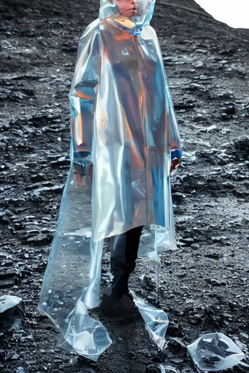 Image similar to an ultra high definition professional high fashion portrait studio full length photograph of a model wearing a transparent pearlescent raincoat and neon visor in an icelandic black rock environment at dawn. no artefacts. extremely detailed. stark. refraction. shallow depth of field. volumetric light and shadow. ray tracing. light rays.