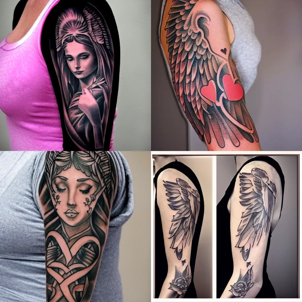 Prompt: angel sleeve tattoo with hearts