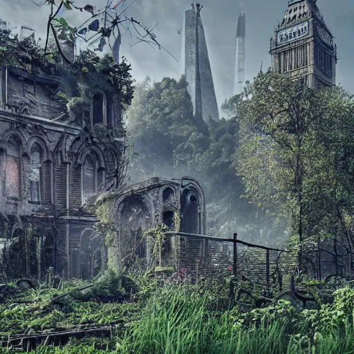 Prompt: overgrown london in ruins, highly detailed, 4k, HDR, award-winning, octane render, artstation