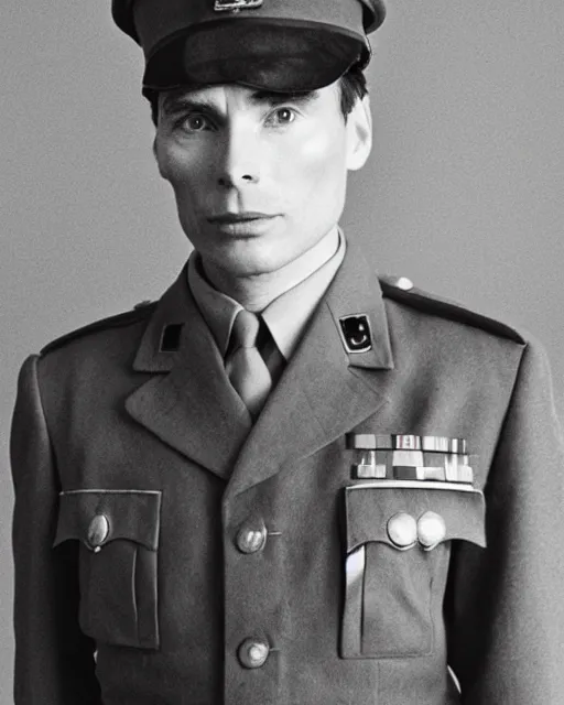 Prompt: cillian murphy in a world war ii uniform, black and white film photography