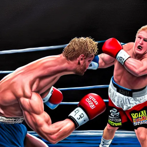 Image similar to brock lesnar in a boxing match with logan paul, artstation hall of fame gallery, editors choice, #1 digital painting of all time, most beautiful image ever created, emotionally evocative, greatest art ever made, lifetime achievement magnum opus masterpiece, the most amazing breathtaking image with the deepest message ever painted, a thing of beauty beyond imagination or words, 4k, highly detailed, cinematic lighting