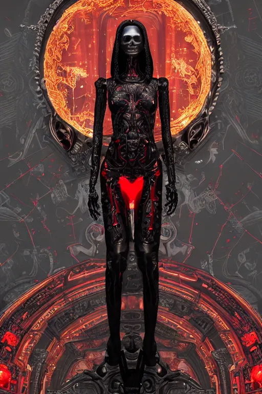 Image similar to full-body cyberpunk style sculpture of a young beautiful dark priestess, half android with a head opening exposing circuitry, glowing red eyes, black roses, flowing blood red colored silk, fabric, candles. baroque elements, human skull. full-length view. baroque element. intricate artwork by caravaggio. crows flying in background. Trending on artstation. octane render. cinematic lighting from the right, hyper realism, octane render, 8k, depth of field, 3D