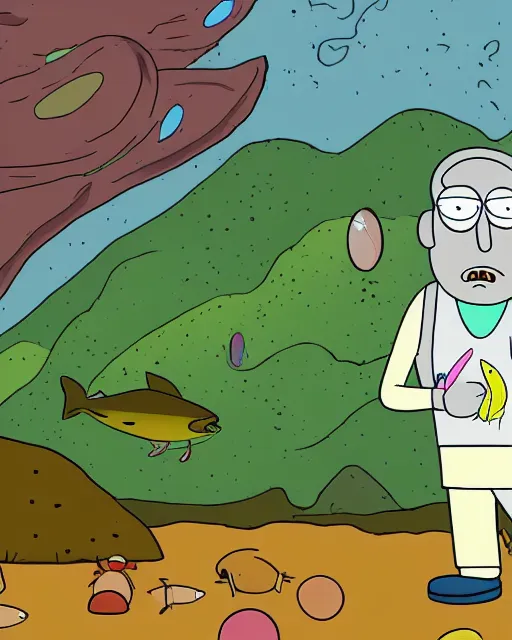 Image similar to Rainbow Trout farmer drawn in the style of Rick and Morty, Adult Swim, Rick and Morty, Justin Roiland