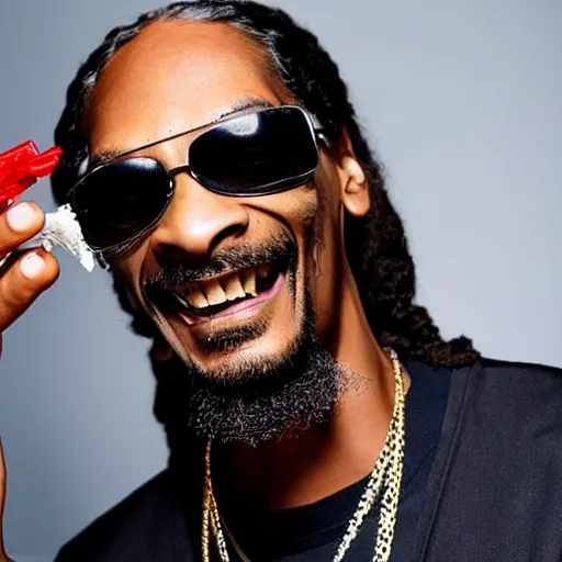 Image similar to Snoop Dog with big eyes eye color red , smiling and holding a joint in his hand