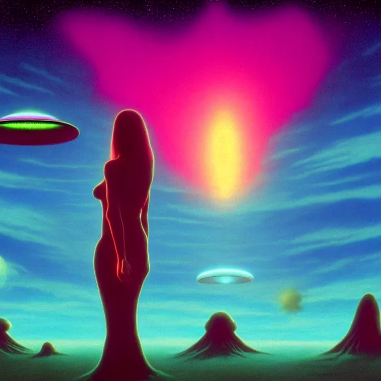 Image similar to mysterious ufo abduction female silhouette, infinite sky, synthwave, fractal waves, bright neon colors, highly detailed, cinematic, tim white, roger dean, michael whelan, caza, bob eggleton, philippe druillet, vladimir kush, kubrick, alfred kelsner, vallejo