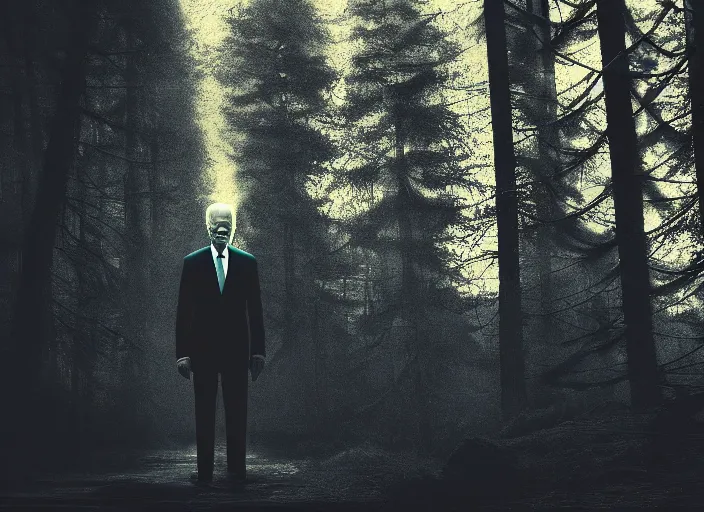 Image similar to joe biden as slenderman in forest, creepy joe biden, tall trees, night, creepy, horror, movie still, dark, haunted, cinematic lighting, ray tracing, octane render, long lens, shallow depth of field, bokeh, anamorphic lens flare, 8 k, hyper detailed, 3 5 mm film grain