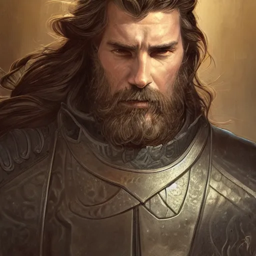 Image similar to portrait of a ruggedly handsome paladin, soft hair, muscular, half body, leather, hairy, d & d, fantasy, intricate, elegant, highly detailed, digital painting, artstation, concept art, smooth, sharp focus, illustration, art by artgerm and greg rutkowski and alphonse mucha