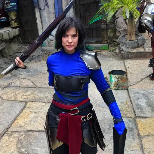 Prompt: photo of a female rogue warrior with lapis lazuli armour and weapons