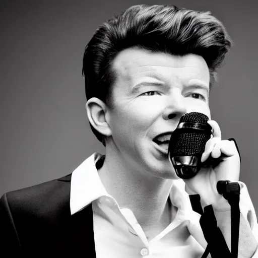 Image similar to young Rick Astley singing into a microphone, dancing, black suit, black and white striped shirt, white background