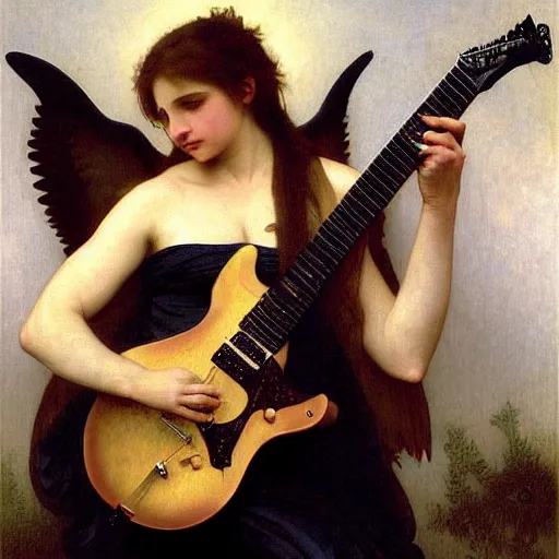 Image similar to an oil painting of an epic angel playing an electric guitar, by Bouguereau, highly detailed and intricate,