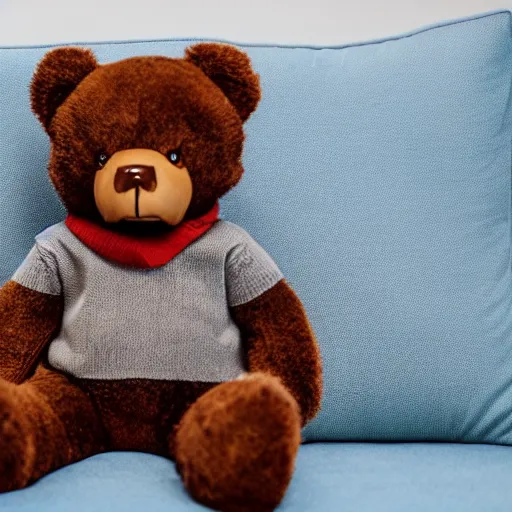 Prompt: a teddy bear staring at you creepily while wearing a sweater vest sitting on a couch, 4 k photo