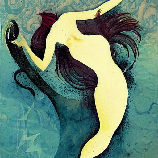 Prompt: Beautiful mermaid swimming, by Dave McKean, saw